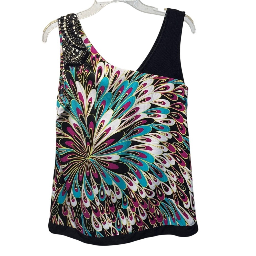 Nicole by Nicole Miller Womens Asymmetric Peacock Print Beaded Tank Top Medium